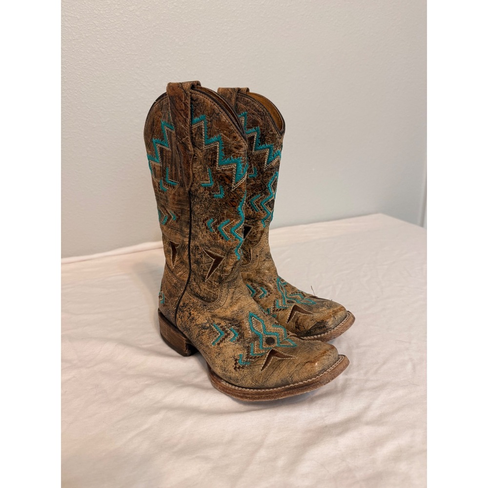 Corral Teens Brown Distressed Leather Turquoise Western Boots E1052‎ 3 1/2 T